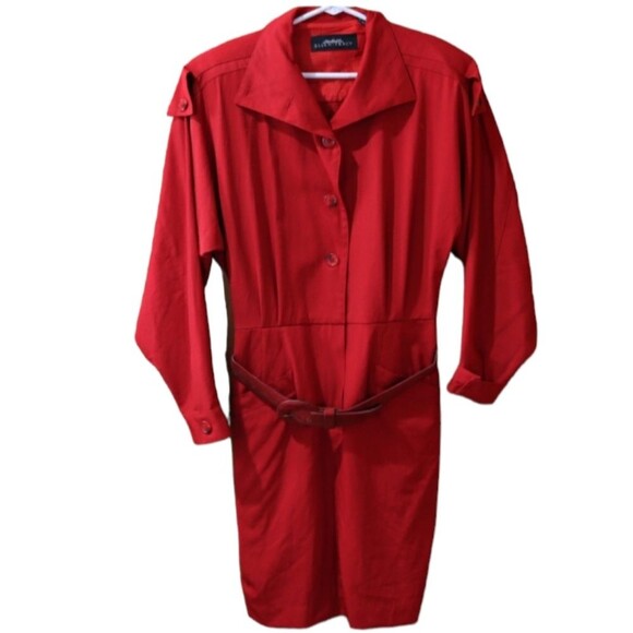 Ellen Tracy Red Wool Belted Shirt Dress 10 - Picture 1 of 16